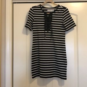 Short sleeve, front tie stripe mini dress